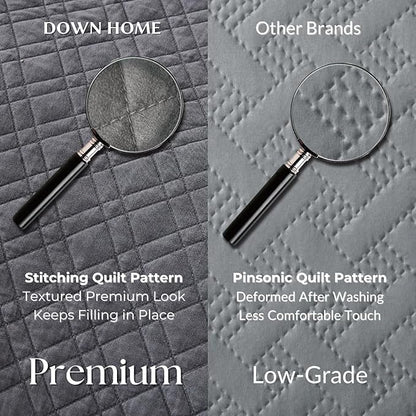 King Quilt Set with Shams Lightweight Quilted Bedspread Coverlet Thin Comforter Bed Cover Vintage Washed Quilted Blanket for All Season, Brushed Microfiber Diamond Stitching, Ash Gray, 104"x92"