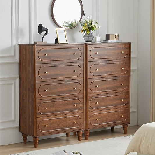Fluted 5 Drawer Dresser for Bedroom Set of 2, Modern Mid Century Chest of Drawers, Wood Storage Large Dresser Organizer for Bedroom Living Room Closet Hallway, Walnut