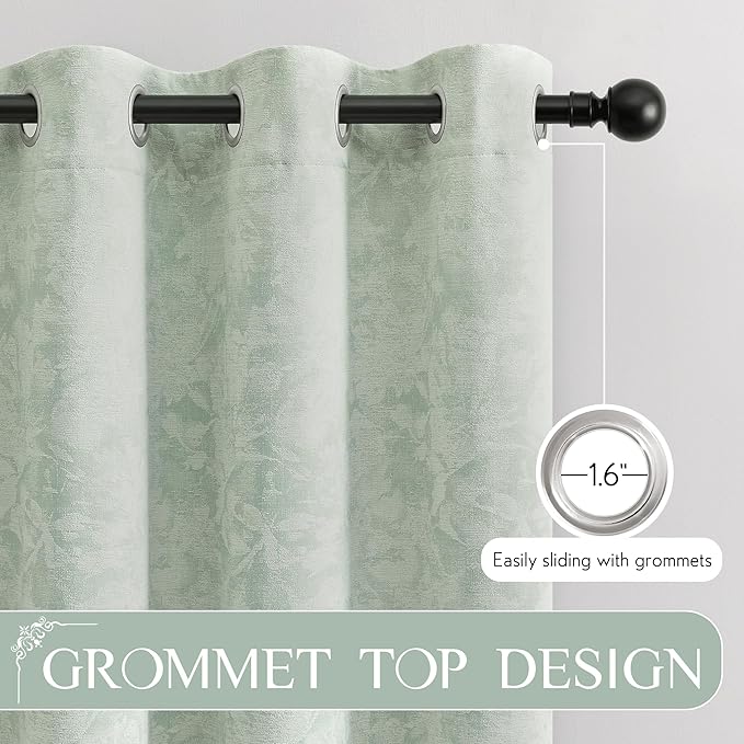 Beauoop Green Floral Jacquard Blackout Curtains 72 Inches Long 2 Panels for Bedroom Living Room Sage Flower Chenille Room Darkening Thermal Insulated Soundproof Grommet Window Treatments Drapes, 52x72
