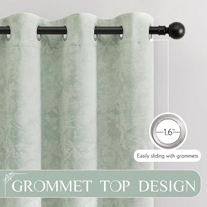 Beauoop Green Floral Jacquard Blackout Curtains 72 Inches Long 2 Panels for Bedroom Living Room Sage Flower Chenille Room Darkening Thermal Insulated Soundproof Grommet Window Treatments Drapes, 52x72