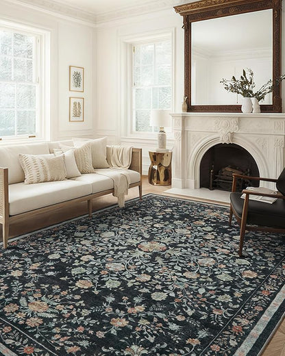 AMADA HOMEFURNISHING Area Rugs 9x12, Washable Floral Rug Non Slip Large Living Room Rug Vintage Distressed Soft Carpet for Bedroom, Dinning Room, Home Office