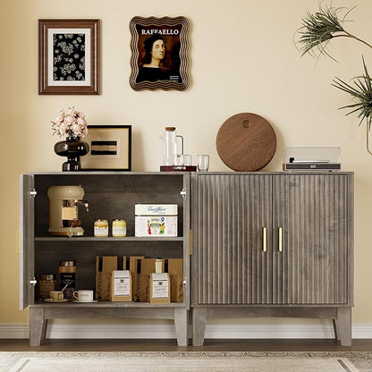 Storage Cabinet with Doors and Adjustable Shelf, Modern Fluted Sideboard Buffet Cabinet, Freestanding Coffee Bar for Kitchen, Pantry, Entryway, Living Room (Weathered Gray)