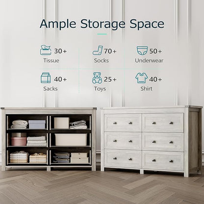 Dresser for Bedroom with 6 Drawers, Farmhouse Wood Chest of Drawers, Wide TV Stand Closet Storage Furniture with Metal Handle, Modern Clothes Organizer for Hallway, Living Room, Entryway, Light Grey