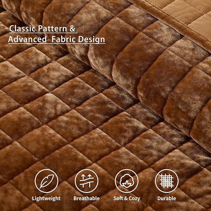 LEAONME Velvet Quilt King Size-98''x106'', Lightweight Caramel Velvet Comforter Set with 2 Pillow Shams, Soft Bedspread Coverlet Quilted Bedding Set for All Season