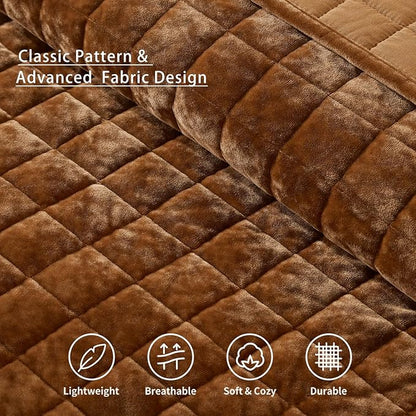 LEAONME Velvet Quilt California King-118''x106'', Lightweight Caramel Velvet Comforter Set with 2 Pillow Shams, Soft Oversized Bedspread Coverlet Quilted Bedding Set for All Season