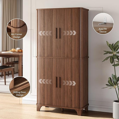 69" Tall Kitchen Pantry Storage Cabinet with Sliding Door, Modern Curved Edge Pantry Storage Cabinet with 5 Shelves, Cupboard for the Kitchen, Dining Room, Bedroom, Living Room, Office (Walnut)