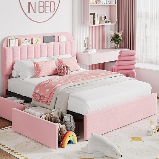 Jojoka Queen Bed Frame with Storage Headboard and 2 Drawers, Boucle Upholstered Platform Bed, Modern Girls Bed Frames for Rooms, No Box Spring Needed, Easy Assembly, Light Pink