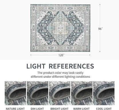 8x10 Vintage Washable Area Rug for Living Room,Low Pile Non Slip Carpet Non-Shedding Large Area Rug Soft Indoor Stain Resistant Rug Boho Print Mat for Bedroom Dining Room Blue Beige Multi
