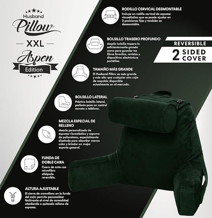 Husband Pillow XXL Aspen Edition, Adult Reading Sit Up Bed Rest Pillow for Bed with Arms & Neck Roll on Bungee Cord - Premium Memory Foam, Reversible 2 Sided Cover Micro Suede or Plush, Ramona Green