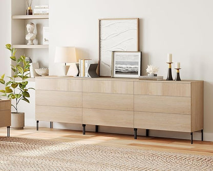 WAMPAT 94.5" W Fluted Dresser for Bedroom, Modern 9 Drawer Dresser TV Stand with Hidden Handles, Wooden Chest of Drawers Closet Clothes Storage Organizer for Bedroom, Living Room, Beige