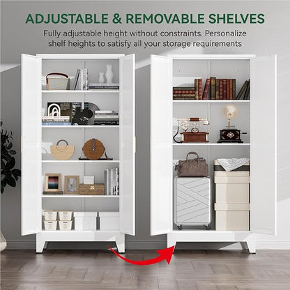 Farmhouse Pantry Cabinet,71" H x 31.5" W,Metal Cabinet with Adjustable Shelves and Barn Doors,5-Tier Storage Cabinet for Kitchen Dining Room Garage,White