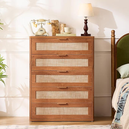 LEYAOYAO Dresser for Bedroom, 41" Tall Chest of Drawers, Modern 5 Drawers Boho Rattan Dressers with Storage, Dresser Wooden Closet Organizer for Living Room, Hallway, Tea Brown