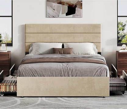 WLIVE Full Size Upholstered Bed Frame with 4 Storage Drawers and Headboard, Velvet Platform Bedframe, Sturdy Metal & Wooden Slats Support, No Box Spring Needed, Easy Assembly, Beige