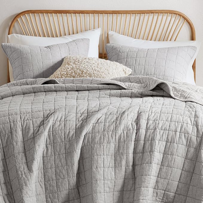 Hyde Lane Luxury Linen Quilt Set King Size, Organic European Flax Cotton Blend Bedding for Bedspread and Coverlet, Box Stitched, with 2 Pillow Shams, 106"x96", Grey