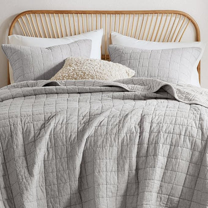 Hyde Lane Luxury Linen Quilt Set King Size, Organic European Flax Cotton Blend Bedding for Bedspread and Coverlet, Box Stitched, with 2 Pillow Shams, 106"x96", Grey