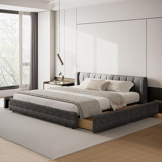 DEINPPA King Size Bed Frame with 4 Storage Drawers and Cloud Soft Headboard, Chenille Upholstered Grounded Wood Base Bed Frame, No Box Spring Needed-Dark Grey