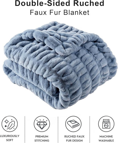 BATTILO HOME Faux Fur Throw Blanket for Couch, Super Soft Cozy Blanket, Double Sided Ruched Rabbit Faux Fur Blanket for Bed, Living Room, 50"x60", Bluish Grey