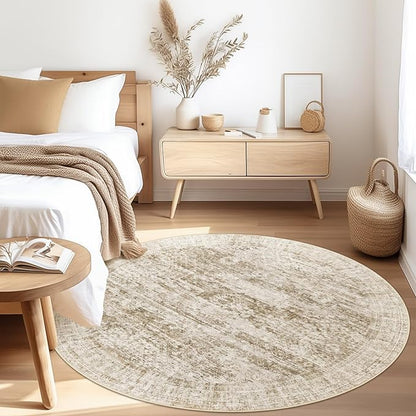 6x6 Brown Round Rug 6ft Living Room Circle Rug Vintage Round Area Rug Non Slip Indoor Carpet for Dining Room Bedroom