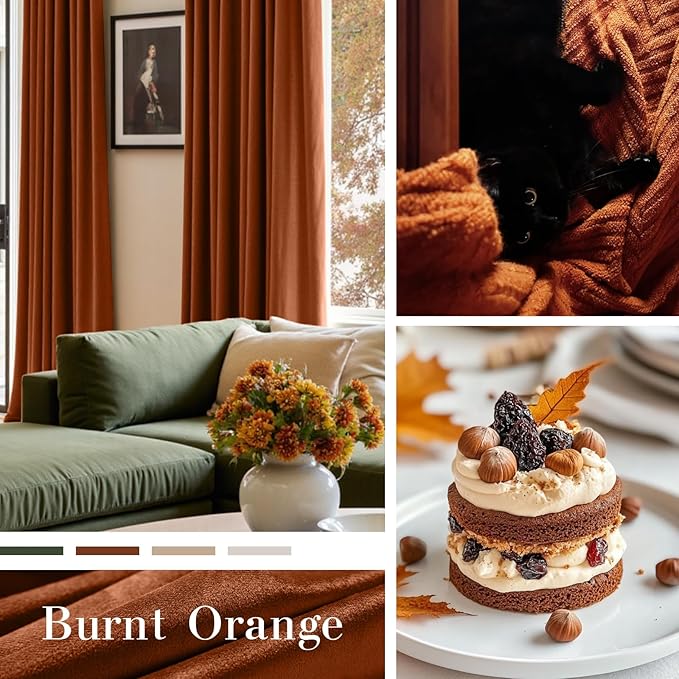 Lazzzy Burnt Orange Blackout Velvet Curtains 84 Inch Long Thermal Insulated Room Darkening Curtain Drapes Luxury Back Tab Window Treatments for Bedroom Living Room 2 Panels, 52 x 84 Inch, Caramel