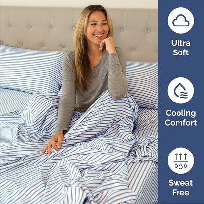 Queen 6 Piece Sheet Set - Cooling, Comfy & Breathable - Hotel Luxury Bedding, Includes Fitted Sheet for Women, Men, Kids & Teens - 1 Flat, 1 Fitted Sheet, 4 Pillowcases w/Deep Pockets - Blue Stripes