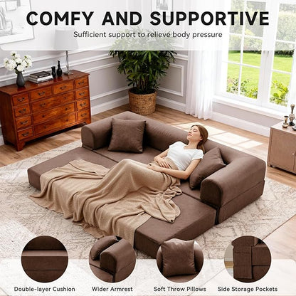 78.5" Convertible Sleeper Sofa Bed, Faux Leather Folding Floor Sofa with Pullout Bed&2 Pillows, No Assembly Modern Boneless Couch Compression Sofa in Box with Storage Pocket for Living Room, Brown