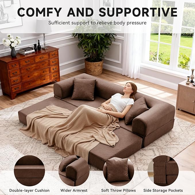 78.5" Convertible Sleeper Sofa Bed, Faux Leather Deep Seat Folding Floor Sofa with Pullout Bed & 2 Pillows, No Assembly Modern Boneless Couch Compression Sofa in Box for Living Room, Office, Brown