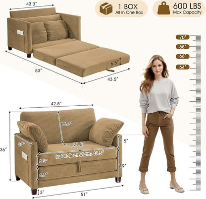 51" Loveseat Sleeper Sofa Bed, Corduroy Convertible Floor Sofa Bed for Small Spaces, Folding Couch Bed with Deep Seat, 2 Pillows & Solid Frame, Pull Out Floor Couch for Living Room, Brown