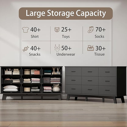 Dresser for Bedroom, Wide Wood 9 Drawer Modern Chest of Drawers with X-Shaped Sturdy Base, Double Dresser Closet Clothes Storage Organizer, Wooden TV Stand for Living Room, Hallway, Black
