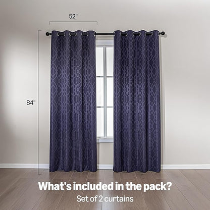 Amazon Basics Jacquard 2-Piece 100% Blackout Curtains, Living Room and Bedroom Drapes, Thermal Insulated Window Treatment, 52"x84", Dark Blue