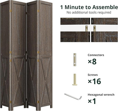 Cozy Castle Wood Room Divider, 4 Panels Folding Privacy Screen, 66.9'' Wall Divider, Barnwood Room Separator, Freestanding Partition, Temporary Wall for Decorative, Rustic Brown