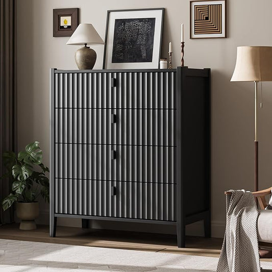 Black 4 Drawer Dresser, Modern Chest of Drawers for Bedroom, Wood Storage Dresser Organizer with Deep Drawers for Clothes, Nightstand for Bedroom, Hallway, Living Room, Entryway