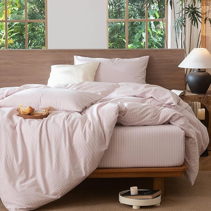 MooMee Striped Duvet Cover Set 100% Washed Cotton Linen Like Textured Breathable Durable Soft Comfy (Heathered Greyish Pink White Wide Stripes, King 104"x90")