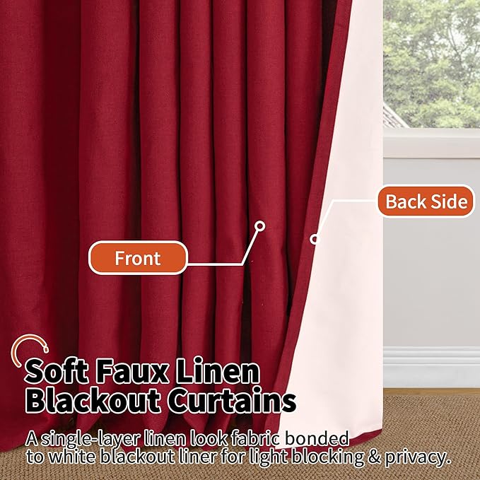 Red 100% Linen Blackout Curtains for Winter Christmas Decor 95 Inch Long 52 Wide, Extra Long Thermal Insulated Light Blocking Linen Curtains, Window Drape Each 52x95 Inch 2 Panels