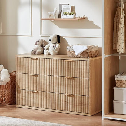 LEYAOYAO Fluted 6 Drawers Dresser for Bedroom, 48" Wide Modern Chest of Drawers with Metal Handle, Natural Curved Profile Farmhouse Closet Organizer Wood Dressers TV Stand for Living Room, Hallway