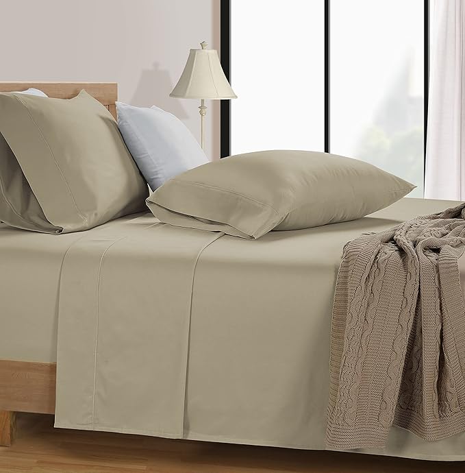 LANE LINEN 600 Thread Count 100% Mercerized Cotton Full Bed Sheets Set, Ultra Soft Sateen Weave Fully Elasticized Fitted, Soft & Comfy Natural Cooling Full Sheet & Pillowcase Set - Linen