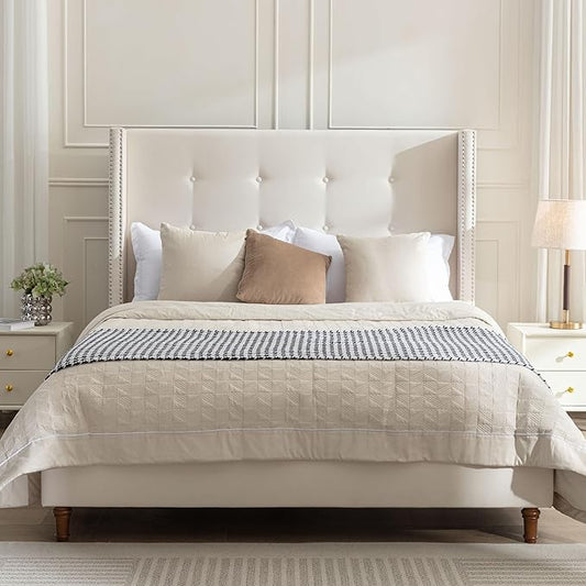 Queen Velvet Bed Frame,Upholstered Platform Bed with Button Tufted Headboard and Nailhead Trim Wingback, Wood Slats Support, No Box Spring Needed, Easy Assembly,Ivory