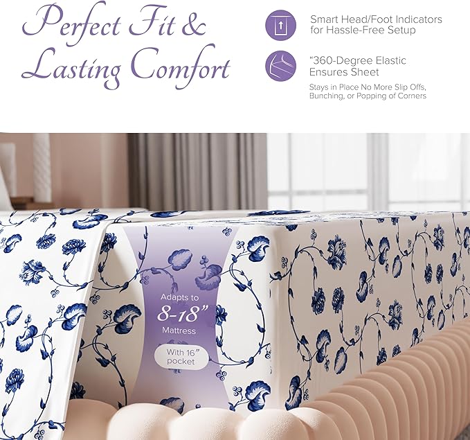Carressa Linen 100% Egyptian Cotton Printed Bed Sheets - 600 Thread Count 3 PC Twin Sheet Set, Hotel Luxury Sateen Bedsheets, 16" Deep Pocket Soft Cooling Sheets for Twin Size Bed - Floral Blue