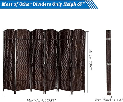 VINGLI 6-Panels Tall Rattan Room Divider, 6 FT Folding Privacy Screen, Indoor Partition Wall Dividers, Freestanding Hinged Space Separator (Dark Brown)