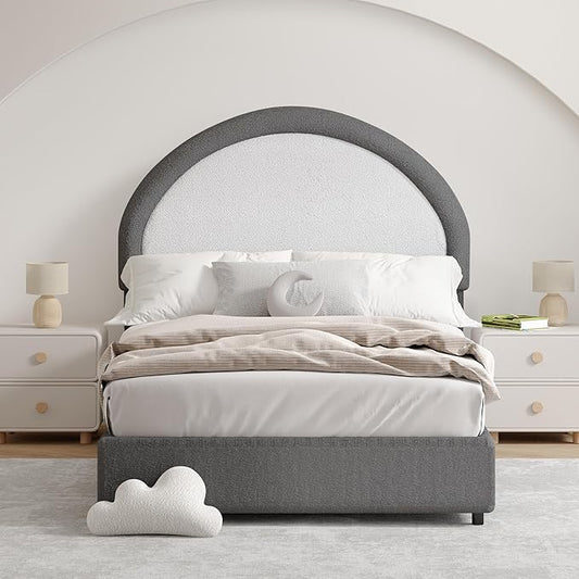 Twin Bed Frames with Headboard, Boucle Upholstered Platform Bed, Grey Bed Frame, Soft Rounded Corners, No Box Spring Needed, Easy Assembly