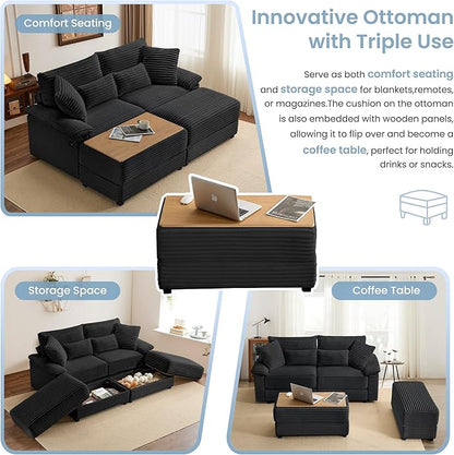 74" Double Chaise Lounge Chair Indoor, Oversized Loveseat with Removeable Ottoman, Corduroy Couch with USB Charging, Storage Ottoman, and Coffee Table Cushions for Living Room (2 Chaise Black)