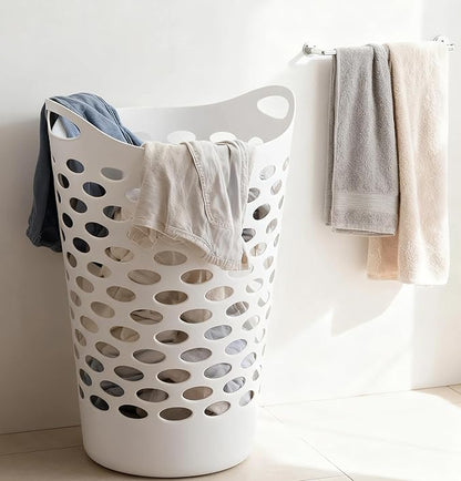 3 Pack Round Plastic Laundry Hamper with Handles, Lightweight & Flexible, 2.2 Bushels Large Capacity, Easy to Clean, Space Saving Laundry Basket for Bedroom, Dorm, Bathroom, White