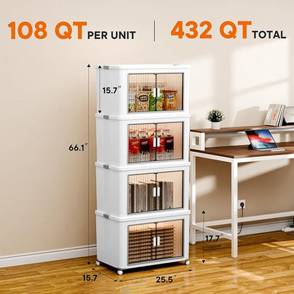 4 Tier 432 Qt Storage Bins with Lids - Stackable Storage Bins, Large Plastic Storage Boxes for Toy, Closet, Open Front Storage Bin with Wheels Suitable for Garage, Bedroom, Living Room, Camping