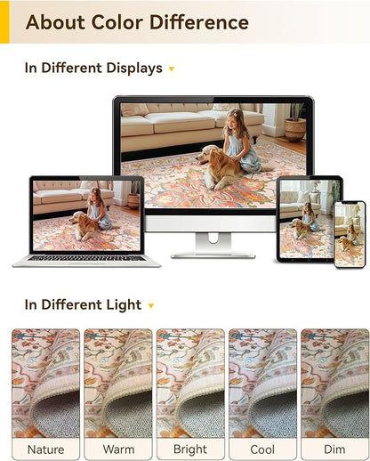 Area Rugs 2'x6' Washable Non-Slip, Floral Vintage Distress Print Pattern Medallion Carpet for Living Room Bedroom Dining Room, Light Pink Colorful