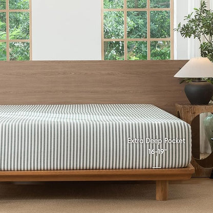 MooMee Striped Fitted Bottom Sheet Only 100% Washed Cotton Linen Like Textured Breathable Durable Soft Comfy Deep Pocket Fits Mattress up to 17" (Heathered Green Classic Stripes, King)