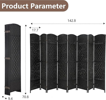 Room Divider 8 Panel Folding Privacy Divider 6 Ft Indoor Wall Divider Portable Partition Wood Screen, Black