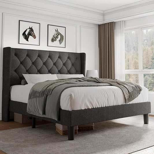 iPormis Full Size Platform Bed Frame with Button Tufted Headboard, Upholstered Bed Frame with Solid Wooden Slats, 8" Underbed Space, No Box Spring Needed, Noise Free, Easy Assembly, Dark Gray