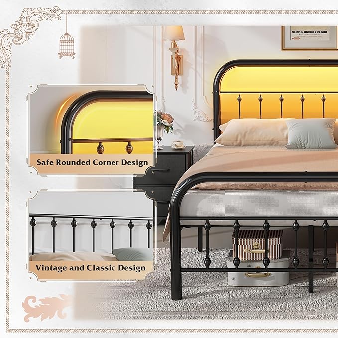 WLIVE Metal Platform Bed Frame, Full Size Bed Frame with Headboard, Bed Frames with LED Lights and Charging Station, 1500LBS Mattress Foundation, Under Bed Storage, No Box Spring Needed, Black
