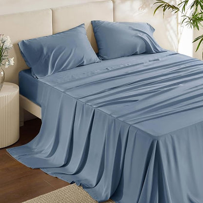 Bedsure Queen Sheet Set, Cooling Sheets for Queen Size Bed Set, Rayon Derived from Bamboo, Breathable & Soft, Deep Pocket, Hotel Luxury Silky Bedding for Hot Sleepers, Dusty Blue