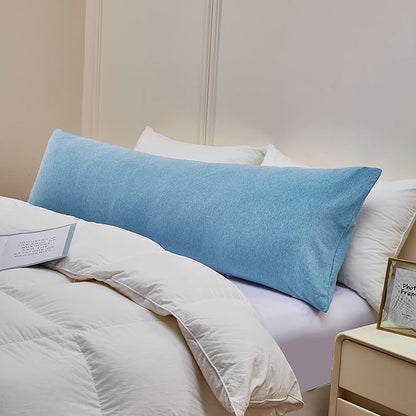 Oubonun 100% Jersey Cotton Body Pillow Cover with Zipper - Luxury Soft Removable Pillow Case - Long Fuzzy - Knitted (Light Blue, 21"X54")
