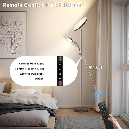 Floor Lamps for Living Room,42W Super Bright LED Floor Lamp,2-in-1 Dimmable Standing Lamp with Reading Light,69'' Tall Lamp with Remote & Touch Control, Modern Floor Lamp for Bedroom,Office